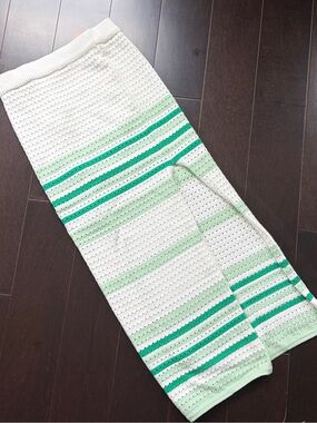 Thatssofetch Knit Crochet Maxi Skirt in White and Mint Green Stripes